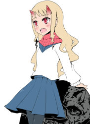 Rule 34 | arms behind back, blonde hair, blush, hitsuji bako, horns, long hair, oni, open mouth, original, pantyhose, pleated skirt, pointy ears, red eyes, scarf, skirt, solo, sweater, wavy hair