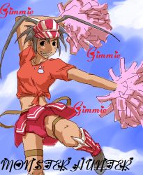 Rule 34 | 1girl, arm up, belt, black eyes, boots, buruma, capcom, cheerleader, cloud, crop top, day, dual wielding, english text, flat chest, grey hair, grin, hat, heart, hermitaur (armor), holding, knee boots, leg lift, long hair, looking at viewer, midriff, monster hunter (series), navel, outdoors, outstretched arm, paw print, pleated skirt, pom pom (cheerleading), shirt, skirt, sky, smile, solo, spiked hair, standing, standing on one leg, t-shirt, thigh strap, tied shirt, twintails, upskirt