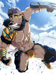 Rule 34 | 1boy, abs, bara, black hair, bulge, clothing cutout, cloud, cloudy sky, colored sclera, crotchless, crotchless pants, dynamic pose, facial hair, fighting stance, fingerless gloves, full body, gloves, glowing, gyee, highres, lightning, male focus, manly, minato (mina 20mg), multicolored hair, muscular, navel, nipples, pants, pectorals, purple hair, revealing clothes, sky, solo, thick eyebrows, thick thighs, thigh cutout, thighs, yan (gyee), yellow eyes, yellow sclera