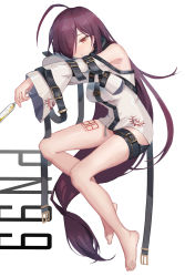 Rule 34 | 1girl, ahoge, barefoot, breasts, brown eyes, champagne flute, character name, clothing cutout, cup, drinking glass, feet, final gear, hair over one eye, head tilt, highres, holding, holding cup, jacket, long hair, medium breasts, one eye covered, pn99 (final gear), purple hair, sama (sama24654684), shoulder cutout, sitting, solo, thigh strap, toes, very long hair, white background, white jacket
