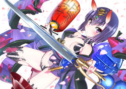 Rule 34 | 1girl, ankle ribbon, blush, bob cut, closed mouth, domo1220, fate/grand order, fate (series), floating clothes, holding, holding sword, holding weapon, leg ribbon, looking at viewer, purple eyes, purple hair, revealing clothes, ribbon, short hair, shuten douji (fate), simple background, solo, sword, thick eyebrows, weapon, white background