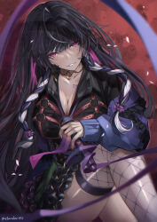 Rule 34 | 1girl, absurdres, black hair, black shirt, blush, braid, breasts, chest tattoo, cleavage, corset, earrings, elvandec, fishnet thighhighs, fishnets, gold earrings, highres, holding, holding microphone, jacket, jewelry, large breasts, long hair, looking at viewer, meloco kyoran, microphone, multicolored hair, necklace, nijisanji, nijisanji en, open clothes, open jacket, purple eyes, purple hair, purple jacket, shirt, single thighhigh, smile, solo, spider web tattoo, streaked hair, tattoo, thighhighs, twin braids, virtual youtuber