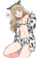 Rule 34 | 1girl, 2021, animal ears, animal print, bad id, bad twitter id, bare legs, bare shoulders, bell, bikini, bikini pull, bikini top only, black hairband, blue eyes, blunt bangs, blush, breasts, cardigan, chinese zodiac, clothes pull, collar, cow ears, cow girl, cow horns, cow print, cow print bikini, cowbell, cowboy shot, cropped legs, dated, earrings, fake animal ears, fake horns, grin, hairband, head tilt, heart, horns, jewelry, light brown hair, long hair, looking at viewer, medium breasts, mewkledreamy, midriff, navel, neck bell, nipples, off-shoulder sweater, off shoulder, one breast out, open cardigan, open clothes, print bikini, pulled by self, red collar, short shorts, shorts, simple background, smile, solo, speech bubble, spoken heart, stomach, stud earrings, sweater, swimsuit, tsukishima maira, underboob, white background, year of the ox, yoban