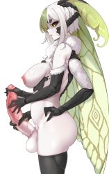 Rule 34 | 1futa, arthropod girl, ass, black sclera, black thighhighs, breasts, colored sclera, colored skin, erection, extra arms, fewer digits, from side, futanari, futanari masturbation, green eyes, green hair, highres, indie virtual youtuber, insect girl, juniper actias, large breasts, large penis, masturbation, monster girl, moth girl, multicolored hair, nipples, nude, parted lips, penis, profile, simple background, solo, spiked penis, standing, streaked hair, sweatdrop, testicles, thighhighs, todding, two-handed masturbation, virtual youtuber, white background, white hair, white skin, wings