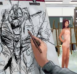 Rule 34 | 1girl, art class, brown hair, ceiling light, char&#039;s counterattack, drawing, easel, flat chest, gundam, hand on own hip, indoors, long hair, lowres, mecha, mobile suit gundam, modeling, nude, nude modeling, oekaki, one-piece tan, pencil, re-gz, realistic, robot, sketch, standing, tan, tanline, wooden pencil, you&#039;re doing it wrong