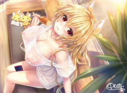 Rule 34 | 1girl, animal ears, armpits, between legs, blonde hair, blush, book, bottomless, breasts, cellphone, chibi, chibi inset, cleavage, collarbone, corn dog, covered erect nipples, eating, food, fox ears, fox girl, from above, happy, holding, holding phone, large breasts, leaf, licking lips, long hair, looking at viewer, looking up, nipples, off-shoulder shirt, off shoulder, original, phone, reading, red eyes, see-through, shirt, short sleeves, sideboob, signature, sitting, smartphone, smile, solo, sweat, thighs, tongue, tongue out, unohana pochiko, white shirt
