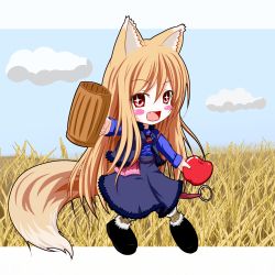 Rule 34 | 1girl, animal ears, apple, blush, brown hair, chibi, dress, fang, female focus, food, fruit, full body, holo, long hair, nature, open mouth, plant, pouch, red eyes, retishia, sky, solo, spice and wolf, tail, wheat, wolf ears, wolf tail