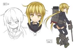 Rule 34 | 10s, 1girl, :&lt;, :o, ?, black serafuku, black thighhighs, blonde hair, blush, cannon, character name, expressions, from behind, hair ribbon, hayashi naoharu, kantai collection, loafers, long hair, long sleeves, looking at viewer, looking away, looking back, low twintails, machinery, multiple views, necktie, open mouth, parted lips, ribbon, sailor collar, satsuki (kancolle), school uniform, serafuku, shoes, simple background, sketch, thighhighs, torpedo, trigger discipline, turret, twintails, very long hair, white background, white necktie, yellow eyes