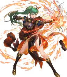 Rule 34 | 1girl, alternate color, alternate costume, armor, arrow (projectile), boots, bow (weapon), breasts, capelet, earrings, feather trim, female focus, fingerless gloves, fire, fire emblem, fire emblem: the blazing blade, fire emblem heroes, full body, fur trim, gloves, gold trim, gradient clothes, green eyes, green hair, hair ornament, high ponytail, highres, holding, holding bow (weapon), holding weapon, jewelry, kakage, knee boots, long hair, looking away, lyn (brave lady) (fire emblem), lyn (brave lady) (resplendent) (fire emblem), lyn (fire emblem), matching hair/eyes, medium breasts, nintendo, non-web source, official art, open mouth, pelvic curtain, ponytail, quiver, short sleeves, smile, solo, thighs, transparent background, weapon