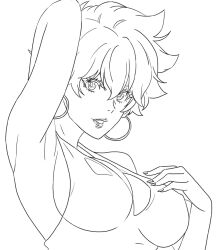Rule 34 | 1girl, arito kei, arm up, armpits, breasts, cleavage, earrings, fuuto tantei, greyscale, hair between eyes, hand up, highres, hoop earrings, ivanart, jewelry, lineart, lipstick, looking at viewer, makeup, medium breasts, monochrome, parted lips, short hair, solo, swimsuit, upper body