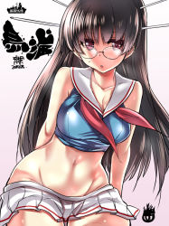 Rule 34 | 10s, 1girl, bad id, bad nicoseiga id, bare shoulders, brown hair, choukai (kancolle), clothes pull, glasses, groin, hair ornament, kantai collection, long hair, looking at viewer, microskirt, navel, neckerchief, open mouth, red eyes, skirt, skirt pull, solo, tokita monta