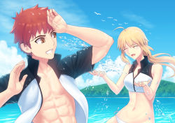 Rule 34 | 1boy, 1girl, ahoge, artoria pendragon (fate), artoria pendragon (swimsuit archer) (fate), artoria pendragon (swimsuit archer) (second ascension) (fate), bikini, blonde hair, blue sky, breasts, brown eyes, brown hair, cleavage, closed eyes, collarbone, day, emiya shirou, fate/grand order, fate (series), fateline alpha, floating hair, grin, hair between eyes, jacket, long hair, open clothes, open jacket, open mouth, outdoors, ponytail, side-tie bikini bottom, sky, smile, swimsuit, upper body, white bikini