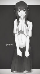 Rule 34 | 1girl, black eyes, black hair, character name, clothes in mouth, greyscale, highres, kneeling, long hair, looking at viewer, monochrome, monoe, mouth hold, navel, school uniform, shadow, shifumame, shirt in mouth, sidelocks, skirt, solo, yume nikki