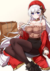 Rule 34 | 1girl, absurdres, aran sweater, azur lane, bag, belfast (azur lane), belfast (shopping with the head maid) (azur lane), beret, breasts, brown sweater, cable knit, choker, cleavage, earrings, food, goldbaka, hair ribbon, hat, highres, holding, holding food, holding pocky, hoop earrings, jewelry, large breasts, long hair, looking at viewer, off-shoulder sweater, off shoulder, official alternate costume, pantyhose, pencil skirt, pocky, purple eyes, red headwear, red shawl, ribbon, shawl, simple background, sitting, skirt, sweater, white hair