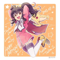 Rule 34 | 1girl, anise tatlin, arms up, black hair, brown eyes, commentary request, dated, dress, full body, gloves, hair between eyes, hair ribbon, happy birthday, heart, highres, long hair, long sleeves, looking at viewer, open mouth, pink dress, ribbon, shiki 123, sidelocks, smile, star (symbol), stuffed toy, tabard, tales of (series), tales of the abyss, teeth, thighhighs, tokunaga (tales), twintails, upper teeth only, white gloves, white thighhighs, yellow ribbon