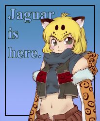 Rule 34 | 10s, 1girl, alternate costume, alternate eye color, animal ears, arms at sides, bare shoulders, black hair, black vest, blonde hair, blue background, blue shirt, blush, brown skirt, closed mouth, crop top, elbow gloves, english text, eyebrows, facing away, fur trim, gloves, gradient background, green eyes, hair between eyes, highres, jaguar (kemono friends), jaguar ears, jaguar print, kemono friends, looking at viewer, multicolored background, multicolored clothes, multicolored gloves, multicolored hair, navel, open clothes, open fly, open vest, pleated skirt, shirt, short hair, skirt, sleeveless, sleeveless shirt, slit pupils, smile, solo, stomach, text focus, totsugeki namejirou, two-tone background, two-tone hair, upper body, vest