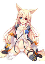Rule 34 | 1girl, animal ears, arm guards, armor, ass, asymmetrical legwear, barcode, barcode tattoo, blonde hair, blue eyes, blush, boots, bowl, breasts, character name, chrisandita, cityscape, clothes lift, collarbone, dress, dress lift, fang, fox ears, g41 (girls&#039; frontline), girls&#039; frontline, gloves, groin, hair between eyes, hair ornament, head tilt, heterochromia, highleg, highleg panties, knee boots, kneeling, lifting own clothes, long hair, looking at viewer, navel, open clothes, open dress, open mouth, panties, red eyes, sidelocks, simple background, small breasts, smile, solo, stomach, symbol-shaped pupils, tattoo, thigh strap, thighhighs, thighs, twintails, underwear, uneven legwear, very long hair, white background, white dress, white panties