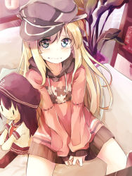 Rule 34 | 1girl, akatsuki (kancolle), alternate costume, bismarck (kancolle), blonde hair, blue eyes, character doll, commentary request, couch, doll, hair between eyes, hat, hood, hoodie, kantai collection, long hair, long sleeves, military hat, peaked cap, pink hoodie, pink shirt, plant, shirt, sitting, solo, taisho (gumiyuki), tears, wavy mouth, aged down