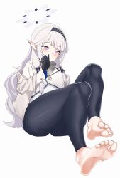 Rule 34 | 1girl, angrygentle, barefoot, blue archive, blush, feet, hairband, highres, himari (blue archive), long hair, looking at viewer, pointy ears, soles, toes, white background
