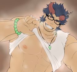 Rule 34 | 1boy, abs, bara, bare pectorals, bare shoulders, bead bracelet, beads, black-framed eyewear, blue eyes, bracelet, breath, broken horn, clothes lift, demon boy, demon horns, facial hair, fiery horns, horns, jewelry, large pectorals, lifted by self, long sideburns, looking at viewer, male focus, muscular, muscular male, nipples, pectorals, porkjinta, red eyes, scar, scar on neck, shirt, shirt lift, short hair, sideburns, sleeveless, smile, solo, stomach, stubble, takemaru (housamo), tokyo houkago summoners, torn clothes, torn shirt, upper body, white shirt