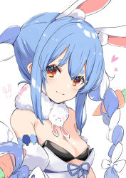Rule 34 | 1girl, :3, anbasa (amaneyuz13), animal ears, bare arms, black leotard, blue hair, braid, breasts, carrot hair ornament, closed mouth, clothing cutout, detached sleeves, food-themed hair ornament, fur scarf, hair ornament, highres, hikimayu, hololive, leotard, leotard under clothes, light blush, long hair, looking at viewer, multicolored hair, orange eyes, puffy short sleeves, puffy sleeves, rabbit-shaped pupils, rabbit ears, rabbit girl, scarf, short eyebrows, short sleeves, small breasts, smile, solo, strapless, strapless leotard, symbol-shaped pupils, thick eyebrows, twin braids, twintails, two-tone hair, underboob cutout, upper body, usada pekora, usada pekora (1st costume), virtual youtuber, white hair, white scarf, white sleeves