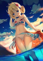 Rule 34 | 1girl, alternate costume, azur lane, backlighting, bare arms, bare legs, bare shoulders, bikini, blonde hair, blue eyes, breasts, cloud, double bun, dutch angle, evening, feet out of frame, french flag bikini, from below, gluteal fold, hair bun, heaven&#039;s melody, highres, le triomphant (azur lane), looking at viewer, navel, outdoors, sarong, sidelocks, sky, small breasts, solo, stomach, strap slip, striped bikini, striped clothes, swimsuit, thigh gap, tiara, wading, water, white bikini