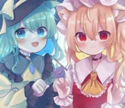 Rule 34 | 2girls, animal ear fluff, animal ears, ascot, bell, black headwear, blonde hair, blouse, blue eyes, blush, bow, brown choker, buttons, cat ears, choker, closed mouth, collared shirt, commentary request, crystal, dorowa (drawerslove), dress, eyes visible through hair, fang, flandre scarlet, frilled choker, frills, green hair, grey shirt, hair between eyes, hands up, hat, hat bow, heart, highres, jewelry, komeiji koishi, long sleeves, looking at viewer, looking to the side, mob cap, multiple girls, neck bell, one side up, open mouth, puffy short sleeves, puffy sleeves, red dress, red eyes, shirt, short hair, short sleeves, simple background, smile, third eye, tongue, touhou, upper body, white background, white headwear, wide sleeves, wings, wrist cuffs, yellow ascot, yellow bow, yellow shirt