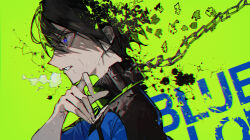 Rule 34 | 1boy, absurdres, black collar, black eyes, black hair, blue lock, blue shirt, breath, chain, clenched teeth, collar, copyright name, crying, crying with eyes open, electricity, eye trail, from side, green background, hair between eyes, hand up, highres, isagi yoichi, light trail, looking ahead, male focus, mura karuki, open mouth, portrait, puzzle piece, raglan sleeves, shirt, short hair, short sleeves, sidelocks, solo, tears, teeth