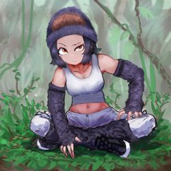 Rule 34 | 1girl, :/, adeshi (adeshi0693119), bare shoulders, beanie, black hair, boots, brown eyes, closed mouth, collarbone, day, elbow gloves, fingerless gloves, full body, gloves, gorilla (kemono friends), half-closed eye, hat, highres, indian style, kemono friends, leaning to the side, looking at viewer, medium hair, midriff, navel, outdoors, pants, raised eyebrow, sidelocks, sitting, solo, stomach, tan, tank top, white pants, white tank top