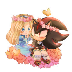 Rule 34 | 1boy, 1girl, animal nose, blonde hair, blue dress, blue eyes, blue hairband, blush, bug, butterfly, chibi, closed mouth, dress, flower, full body, furry, furry male, gloves, hair flower, hair ornament, hairband, insect, long hair, long sleeves, maria robotnik, puffy sleeves, red eyes, shadow the hedgehog, sitting, smile, sonic (series), tondamanuke, white gloves