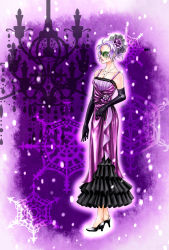 Rule 34 | black gloves, blue eyes, candelabra, candlestand, domino mask, dress, elbow gloves, gloves, hair ornament, high heels, highres, jewelry, mask, masquerade, necklace, original, pixiv hogwarts, purple hair, purple theme, shoes, snowflakes, solo