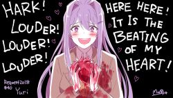 Rule 34 | 1girl, blood, blood on clothes, blood on hands, blood splatter, blush, character name, crazy eyes, crazy smile, dated, doki doki literature club, english text, hato moa, heart, heart-shaped pupils, heart (organ), literature, looking at viewer, purple eyes, purple hair, school uniform, shaded face, smile, symbol-shaped pupils, yandere, yuri (doki doki literature club)