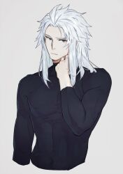 Rule 34 | 1boy, black shirt, final fantasy, final fantasy i, grey background, hand on own face, hand up, highres, long hair, long sleeves, male focus, nini tw99, purple eyes, serious, shirt, simple background, skin tight, solo, turtleneck, warrior of light (ff1), white hair