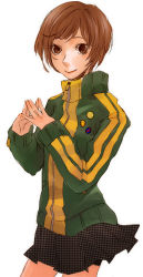 Rule 34 | 1girl, atlus, az0212, bad id, bad pixiv id, brown eyes, brown hair, female focus, jacket, persona, persona 4, pleated skirt, satonaka chie, school uniform, short hair, simple background, skirt, smiley face, solo, track jacket, white background