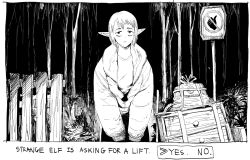 Rule 34 | 1girl, bag, closed mouth, commentary, dialogue box, dialogue options, elf, english commentary, english text, forest, greyscale, jacket, long sleeves, looking at viewer, medium hair, monochrome, nature, original, pointy ears, sanpaku, solo, tareme, tree, y naf