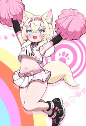Rule 34 | 1girl, :d, alternate costume, animal ear fluff, animal ears, armpits, arms up, bandaid, bandaid hair ornament, belt, blonde hair, blue eyes, blush, cheerleader, collar, crossed bangs, dog ears, dog girl, dog tail, elbow gloves, fang, gloves, hair ornament, highres, hololive, hololive english, kani bonara, looking at viewer, microskirt, mococo abyssgard, mococo abyssgard (1st costume), navel, open mouth, pink belt, pleated skirt, pom pom (cheerleading), short hair, skirt, smile, solo, stomach, tail, virtual youtuber, white background, white skirt, x hair ornament
