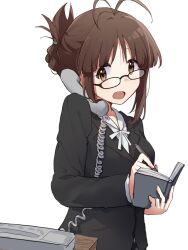 Rule 34 | 1girl, absurdres, akizuki ritsuko, antenna hair, black-framed eyewear, black jacket, blush, breasts, brown eyes, brown hair, folded ponytail, formal, glasses, highres, holding, holding notebook, holding pen, idolmaster, idolmaster (classic), idolmaster million live!, idolmaster million live! theater days, jacket, large breasts, long sleeves, looking at viewer, neck ribbon, nnnn, notebook, open mouth, pen, ribbon, shirt, simple background, smile, solo, talking on phone, white background, white ribbon, white shirt