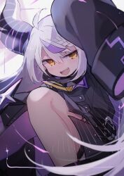 Rule 34 | 1girl, ahoge, black horns, braid, braided bangs, collar, grey hair, hololive, horns, la+ darknesss, la+ darknesss (1st costume), long hair, looking at viewer, metal collar, multicolored hair, open mouth, pointy ears, purple hair, smile, solo, streaked hair, striped horns, suuq1001, virtual youtuber, yellow eyes