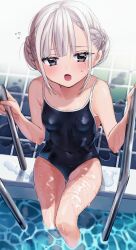 Rule 34 | 1girl, :o, black eyes, black one-piece swimsuit, blush, braid, breasts, chigusa minori, collarbone, commentary request, competition school swimsuit, covered navel, eyelashes, flying sweatdrops, from above, grey hair, highres, holding, kokoro iroduku koi ga shitai, kurosu owari, looking at viewer, looking up, mole, mole under eye, one-piece swimsuit, open mouth, pool, pool ladder, poolside, school swimsuit, sitting, small breasts, soaking feet, solo, swimsuit, thighs, tile floor, tiles, tongue, water, wet