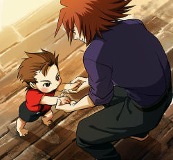 Rule 34 | 00s, 2boys, age difference, barefoot, black shorts, blush, brown eyes, brown hair, father and son, holding hands, kratos aurion, lloyd irving, male focus, multiple boys, running bond, short hair, shorts, sio vanilla, standing, suspender shorts, suspenders, tales of (series), tales of symphonia, wooden floor