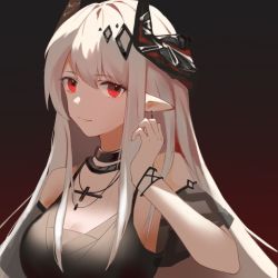 Rule 34 | 1girl, arknights, bare shoulders, black background, black choker, black dress, breasts, brown background, choker, cleavage, detached sleeves, dress, gradient background, hand up, horns, jewelry, long hair, looking at viewer, mudrock (arknights), mudrock (obsidian) (arknights), necklace, nozomi nozomi, official alternate costume, pointy ears, red eyes, short sleeves, smile, solo, upper body, very long hair, white hair