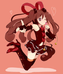 Rule 34 | 1girl, alternate color, alternate hair color, brown eyes, brown hair, elbow gloves, fingerless gloves, gloves, hatsune miku, high heels, jumping, long hair, one eye closed, shoes, skirt, smile, solo, taicho128, thighhighs, twintails, very long hair, vocaloid, wink