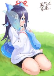 Rule 34 | 1girl, absurdres, bike shorts, black shorts, blue eyes, blush, commentary request, dragon girl, dragon horns, dragon tail, fang, fins, full body, grass, hair between eyes, head fins, highres, horn ornament, horn ribbon, horns, kagarimachi konatsu, leaf-chan, long hair, long sleeves, looking at viewer, on grass, open mouth, original, purple hair, red ribbon, ribbon, scales, seiza, shirt, short shorts, shorts, signature, sitting, sleeves past wrists, solo, tail, tail grab, transparent, very long hair, white background, white shirt