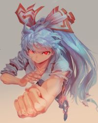 Rule 34 | 1girl, arm up, bow, clenched hand, closed mouth, collarbone, collared shirt, commentary request, fingernails, floating hair, foreshortening, from above, fujiwara no mokou, full body, glowing, glowing eyes, hair bow, hand up, high ponytail, highres, long hair, looking at viewer, looking up, multiple hair bows, outstretched arm, pants, ponytail, rasetsu001, red eyes, red pants, serious, shirt, solo, standing, suspenders, torn clothes, torn pants, torn shirt, torn sleeves, touhou, very long hair, white hair, white shirt