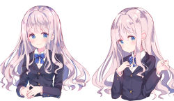 Rule 34 | 1girl, black jacket, blazer, blue eyes, blue neckwear, blush, bow, bowtie, closed mouth, collared shirt, copyright request, cropped torso, dress shirt, hair between eyes, hands up, jacket, long hair, long sleeves, makiaato, multiple views, own hands together, parted lips, shirt, sidelocks, silver hair, simple background, smile, very long hair, white background, white shirt