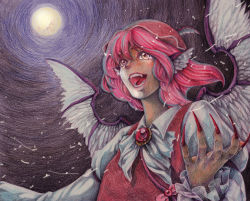 Rule 34 | 1girl, alternate eye color, animal ears, brooch, brown hat, claws, colored pencil (medium), eyelashes, fangs, feathered wings, female focus, fingernails, full moon, hat, jewelry, long fingernails, moon, moonlight, music, mystia lorelei, night, open mouth, pink hair, short hair, singing, solo, takt., tears, teeth, touhou, traditional media, wings, yellow eyes