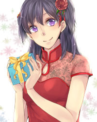 Rule 34 | 1girl, akatsuki kouya, black hair, closed mouth, commentary request, d.gray-man, dress, floral print, flower, gift, hair flower, hair ornament, hands up, happy birthday, highres, holding, holding gift, lenalee lee, long hair, looking at viewer, red dress, red flower, rose, short sleeves, smile, solo, split mouth, white background