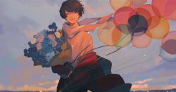 Rule 34 | 1boy, balloon, bouquet, brown hair, cloud, dusk, flower, highres, holding, holding bouquet, long sleeves, looking at viewer, niconico, ovonabeta go, red flower, red rose, rose, solo, soraru, swept bangs, white flower, white rose