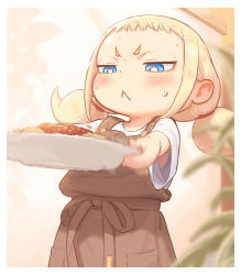 Rule 34 | 1girl, :&lt;, apron, blonde hair, blue eyes, brown apron, child, commentary request, food, kozato (yu kozato), low twintails, original, pasta, shirt, short twintails, solo, spaghetti, sweatdrop, twintails, white shirt