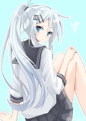 Rule 34 | 10s, 1girl, alternate hairstyle, arm at side, bare legs, black skirt, blue background, blue eyes, blush, character name, closed mouth, expressionless, from behind, hair ornament, hairclip, hand on own knee, hibiki (kancolle), kantai collection, knees up, long hair, long sleeves, looking at viewer, pleated skirt, ponytail, roman numeral, sailor collar, school uniform, serafuku, silver hair, simple background, siroyuki, sitting, skirt, solo